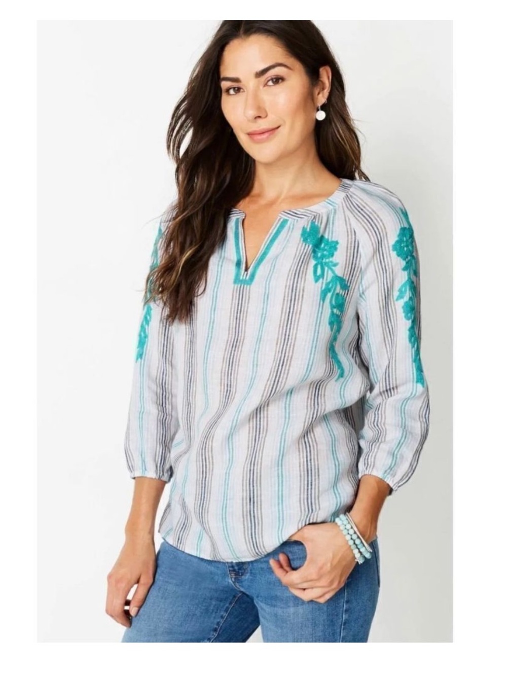 J. Jill Love Linen Striped Embroidered V-Neck 3/4 Sleeve Blouse PS Coastal Beach